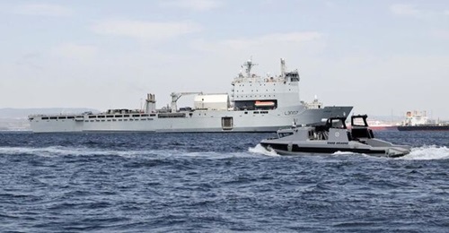 Maritime Mine Countermeasures (MMCM) USV RNMB Ariadne, embarking RFA Lyme Bay off Gibraltar on 26 May 2026.