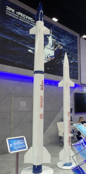 The 9M96E and 9M100E interceptors of the new Amaz-Antey Resurs naval air-defence system displayed at IMDS 2021 in Saint Petersburg, Russia, on 23-27 June.