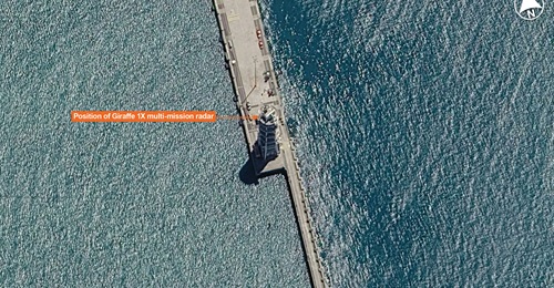 Satellite imagery showing a Giraffe 1X multi-mission radar installed atop a tower at Changi Naval Base in Singapore.
