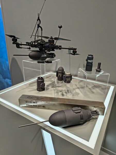 Nammo modular strike system with Orca's UAV equipped with a N7 66 millimetre high-explosive anti-tank copper cone warhead at Eurosatory 2026 in Paris, France.
