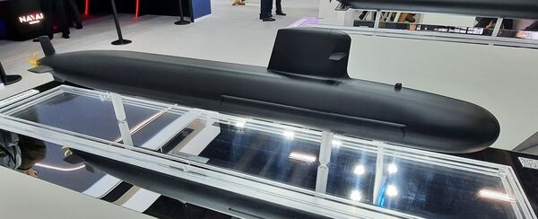 A Naval Group Scorpene submarine model on display on Naval Group's stand during Euronaval 2024.