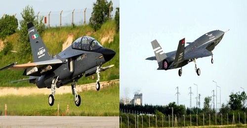For K-Swarm, an M-346FA manned jet (left) took control of an unmanned Kizilelma unmanned combat aerial vehicle (right).