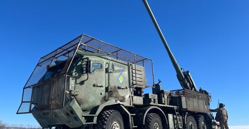 A 2S22 Bohdana self-propelled howitzer seen in Ukraine's Kharkiv region on 10 February 2026.