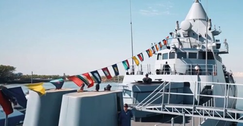 The first Al Dorra (Falaj 3) class corvette for the Kuwait Naval Force, Al Noukhita (P 6202), seen on a ship lift at what Edge Group called its “launch” on 3 February 2026.