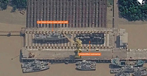 Satellite imagery shows a patrol craft and an unidentified submarine ashore at Sinmailik Naval Dockyard in Myanmar.