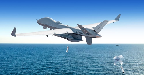 A computer generated image of a General Atomics MQ-9B UAV deploying sonobuoys. General Atomics has teamed with Ultra Maritime to integrate its sonobuoy technology with the MQ-9B.