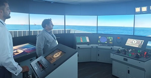 ARI officials demonstrate the company's Bridge Operations Simulator.
