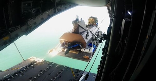 A Kraken K3 Scout USV being airdropped from an A400M transport aircraft during the trials.