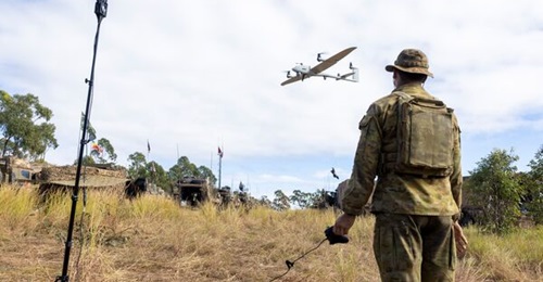 An Australian Army soldier lands a Vector AI UAV during Exercise 'Southern Jackaroo 2026'.