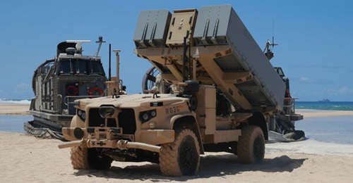An NMESIS launcher is deployed into position at the Pacific Missile Range Facility, Barking Sands, Hawaii, in August 2021. The NMESIS system participated in a live-fire exercise as part of Large-Scale Exercise 2021.