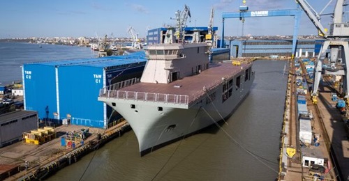The Portugese Navy's future multi-domain maritime unmanned systems ship 
        
        , seen on launch at Damen's yard in Romania on 7 April 2026.