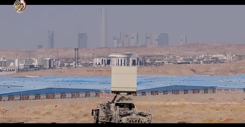 A still from the EADF anniversary video shows a TRML-4D radar deployed with the Iconic Tower in New Cairo visible in the background.