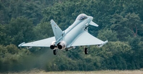 The first of 38 Project Quadriga Eurofighters for the Luftwaffe departing Airbus' Manching production facility on its maiden flight.