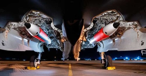 An F-35A showing a pair of B61-12 freefall nuclear bombs in its twin internal weapons bays. The RAF will field the combination as part of the shared NATO nuclear mission from the early 2030s.