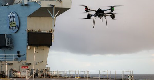 A Malloy T-150B UAV operates from HMS Prince of Wales during Operation 'Firecrest' in June 2026.