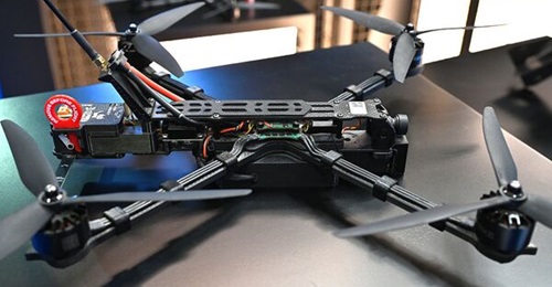 A SkyFall Shrike UAV displayed during the Space Autonomy, Drone X, AGV And UMV Expo in London on 20 September 2025.