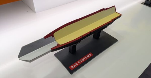 BAE Systems' blast warhead for 40 mm munitions from its BlackThorn family, unveiled at Farnborough 2026.