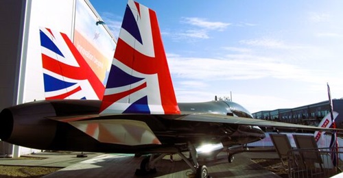 A full scale mock-up of the T-7A Red Hawk adorned with Union Jack tail scheme was displayed outside the BAE Systems hall at Farnborough.