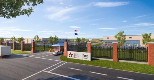 A computer-generated image of the notional front gate for the National Security Industrial Hub in Bloomfield, Indiana
