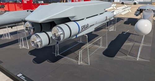 A three-pack launcher for MBDA's Spear air-to-surface missile, displayed at Farnborough 2026.