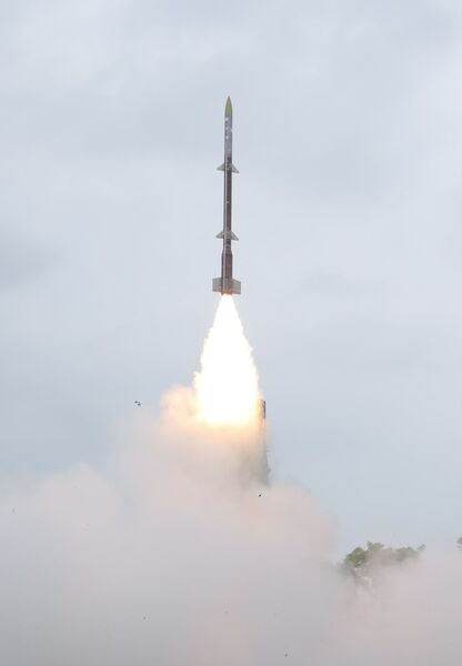 The 'Kusha' long-range surface-to-air missile launches from a vertical-launch system during its maiden flight test.