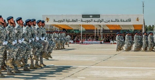 Syrian air force personnel march during a graduation ceremony held at what is now Khalid bin al-Walid Air Base.