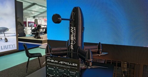 Skyfall's P1-SUN JetKiller interceptor UAV at Farnborough 2026.