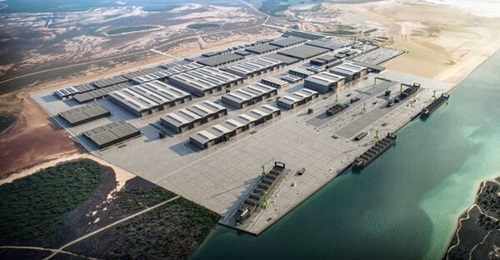 A computer generated image of Saronic's planned Port Alpha shipyard in Brownsville, Texas