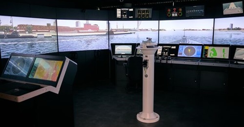 The Kongsberg Digital/Metaverse VR full mission bridge simulator replicating a warship leaving Portsmouth Harbour.
