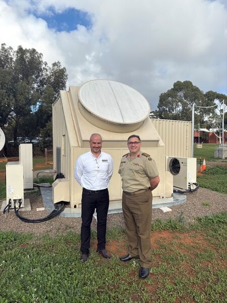 Australia's Director General Space Capability, Brigadier Hamish Ashman, and QSAT CEO Sean McCawley pictured with the SkyDome space surveillance sensor in South Australia.