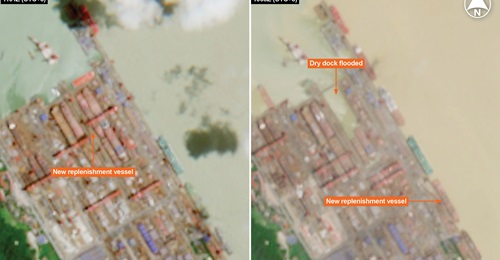 Copernicus Sentinel imagery showing a new replenishment vessel before (left) and after (right) being launched at the COMEC Longxue shipyard near Guangzhou in China.