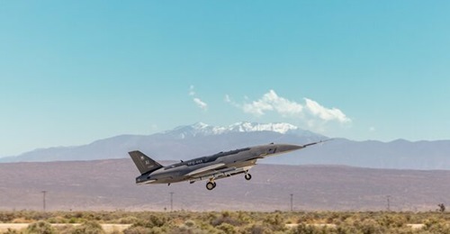 A YFQ-44A takes off from the runway at Edwards Air Force Base, California., during a Collaborative Combat Aircraft exercise.