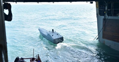 The one-way attack USV, seen here being deployed from the Indonesian Navy hospital ship KRI 
        
         during the Indonesian Armed Forces joint exercise on 5 August 2026.