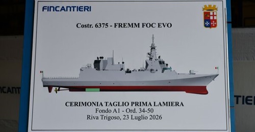 A rendering of the second-of-class FREMM EVO frigate for the Italian Navy, Aviere, displayed at the steel cutting for the vessel on 23 July 2026.