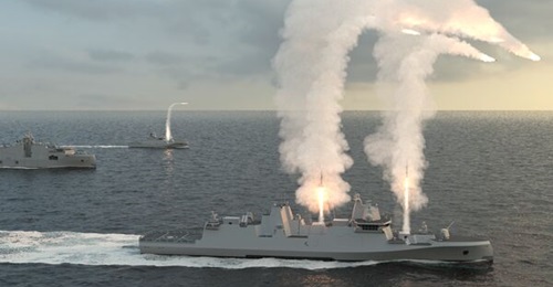 A computer-generated rendering of Rheinmetall's Guided Missile Frigate 140 (GMF 140) design, in an image released on 3 August 2026.