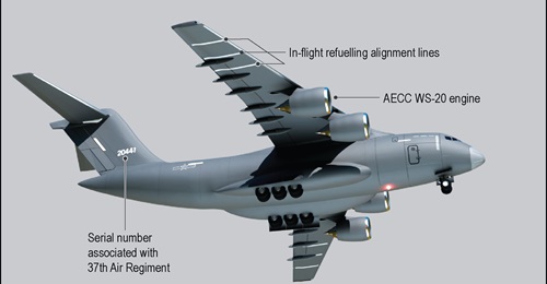 This rendering shows aerial refuelling-related alignment marks that have appeared on several of China's Y-20B transport aircraft.