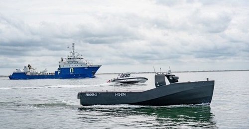 The RNLN tested its manned/unmanned 'hybrid navy' construct at MUST in June 2026. The RNLN's Geosea is pictured with Interceptor and Fender (foreground) USVs.