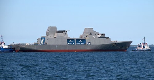 A side profile of Poland's first Project 106 Miecznik frigate, Wicher, being launched off Gdynia on 12 August 2026.