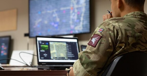 British Army Exercise Control seen simulating Battlegroup headquarters with live UAV feed, real time unit tracking, digital mapping, and GPS, during Exercise Rhino Bizz at the British Army Training Unit Suffield (BATUS) in Canada on the 13 July 2026.