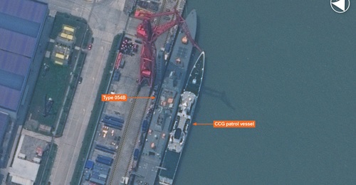 Vantor imagery shows the PLAN's third Type 054B frigate undergoing outfitting at Hudong Changxingdao shipyard. A China Coast Guard Type 101 patrol vessel is berthed alongside.