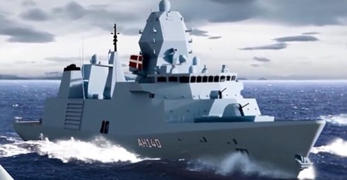 A computer-generated image of Babcock's Arrowhead 140, displayed with a Danish flag as the company and the DFS consortium announced cooperation towards offering future air defence frigates to the RDN.