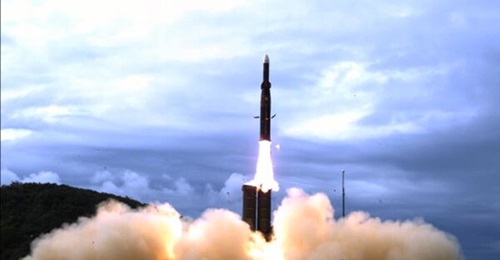 NCSIST's Qiang Bow mid-tier counter-tactical ballistic missile system being launched from a mobile vertical launcher.