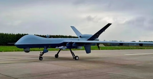 A Royal Netherlands Air Force MQ-9A UAV seen at the country's Leeuwarden Air Base, armed with likely training Hellfire and GBU munitions, in an image released on 20 August 2026.