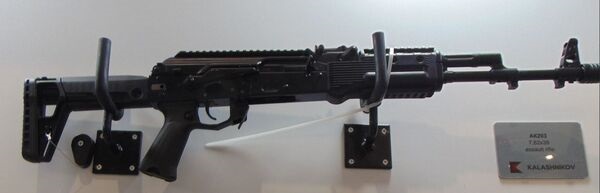 A Russian-made AK-203 assault rifle is displayed at Azerbaijan International Defence Exhibition (ADEX) 2024.