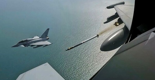 An RAF Typhoon fires an Advanced Precision Kill Weapon System (APKWS) during an air-to-air live firing during trials in the UK in April 2026 conducted by 41 Test and Evaluation Squadron.