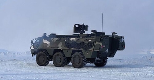 Patria 6x6 vehicle at an international Arctic event organised by Patria in Rovaniemi, Lapland, on 18-19 March 2025.
