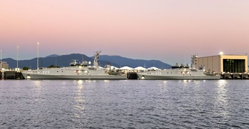 HMAS 
        
         and HMAS 
        
         seen here berthed at HMAS Cairns prior to their dual commissioning ceremony in Queensland.