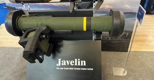 A Javelin anti-tank missile launcher is displayed at Aero India 2023 show.