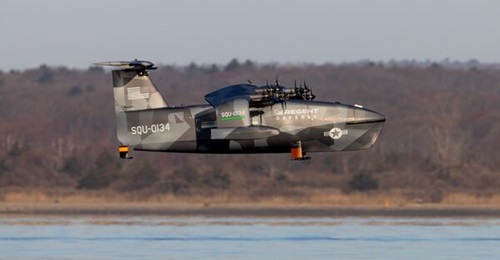 REGENT Craft's Squire wing-in-ground effect unmanned aerial vehicle in flight during a demonstration in North Kingstown, Rhode Island.