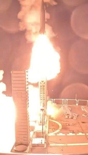 An image from a video of the 2 September 2026 test-firing of a Lora ballistic missile by the German Navy.